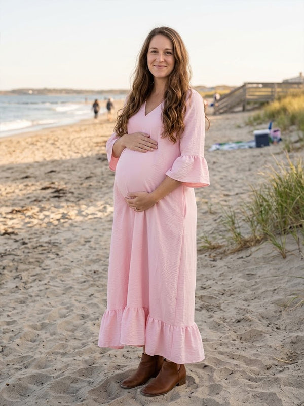 Casual Falbala Pockets V-neck Maternity Maxi Dresses