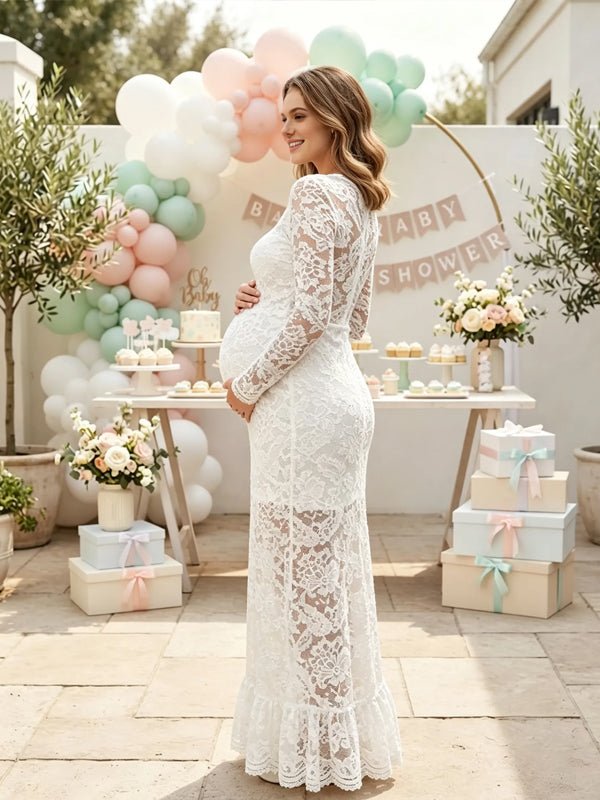 Momyknows White Long Sleeve Lace Bodycon Maternity Baby Shower Maxi Dress - White - 2