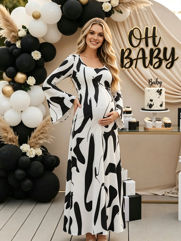 Black Printed Maternity Maxi Dress with U-Neck and Flared Sleeves and Stretchy Fit