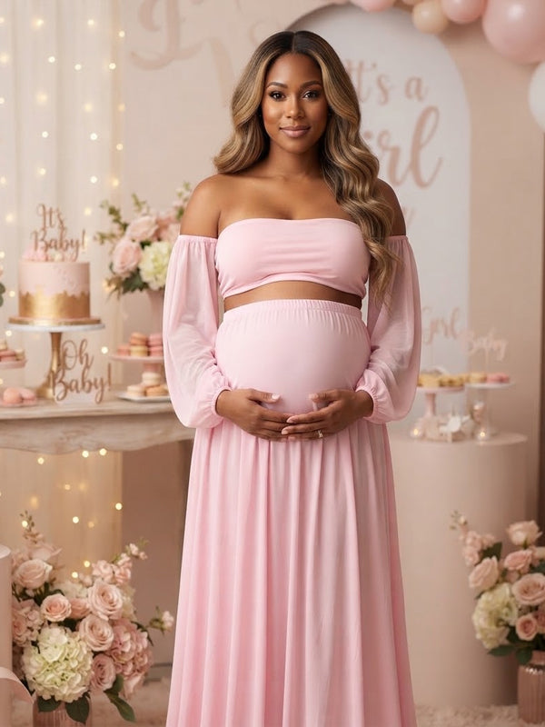 Momyknows Pink Side Slit Strapless Puff Sleeve Midriff Two Piece Maternity Baby Shower Maxi Dress