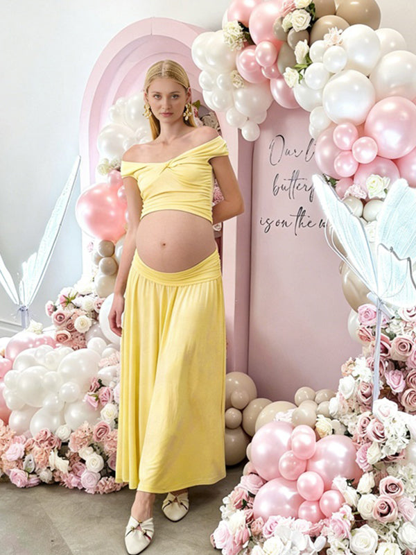Momyknows Yellow Off Shoulder Knot Ruched Two Piece Maternity Baby Shower Maxi Dress