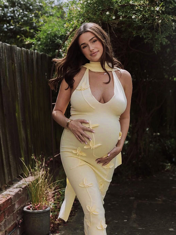 Momyknows Yellow 3D Flower Plunging Neckline Baby Shower Maternity Maxi Dress