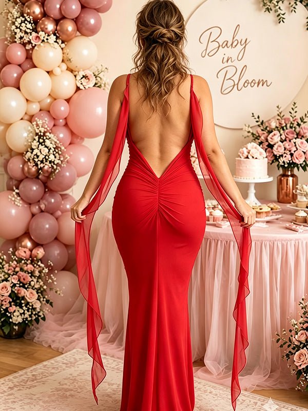 Momyknows Open Back Deep V Mermaid Ribbon Ruched Bodycon Grenadine Baby Shower Maxi Dress - Red - 2