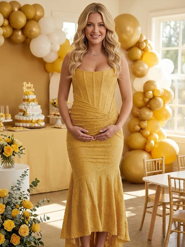 Momyknows Yellow Spaghetti Strap Trumpet Embroidery Ruched Maternity Baby Shower Maxi Dress