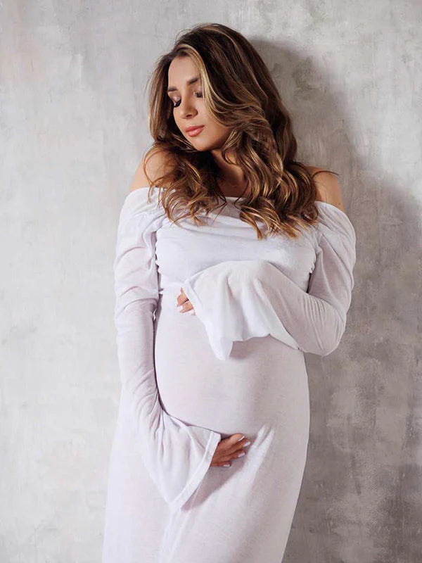 Momyknows White Off Shoulder Backless Sheer Elegant Fashion Photoshoot Maternity Maxi Dress