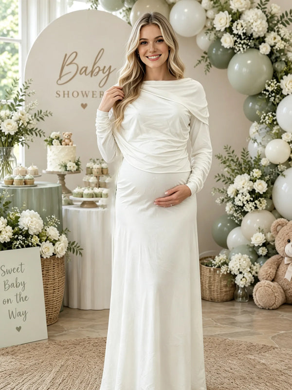 White Maternity Dress with Off-the-Shoulder Ruffle and Ruching