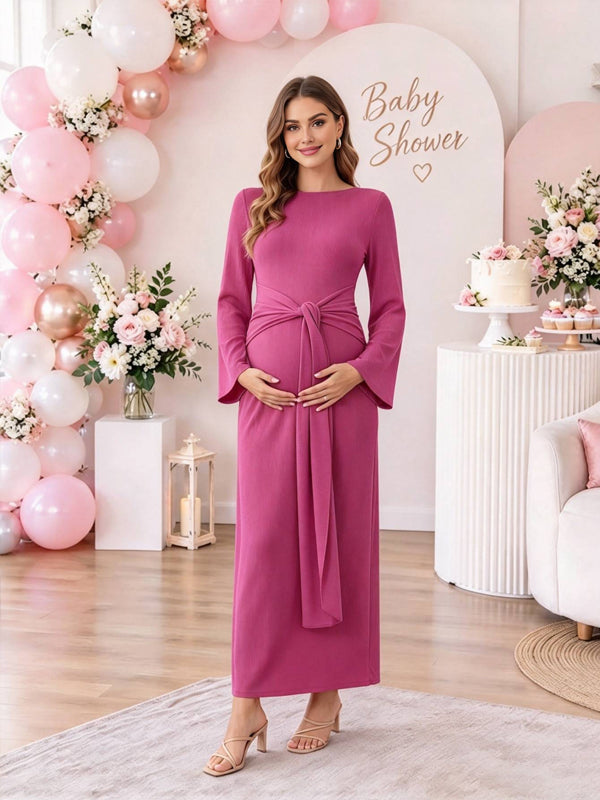 Magenta Maternity Maxi Dress with Lace-Up Details and Bell Sleeves and Flattering Fit, Baby Shower