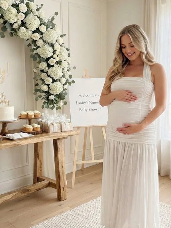 Momyknows White Halter Neck Side Slit Ruched Backless Grenadine Maternity Baby Shower Maxi Dress - White - 3