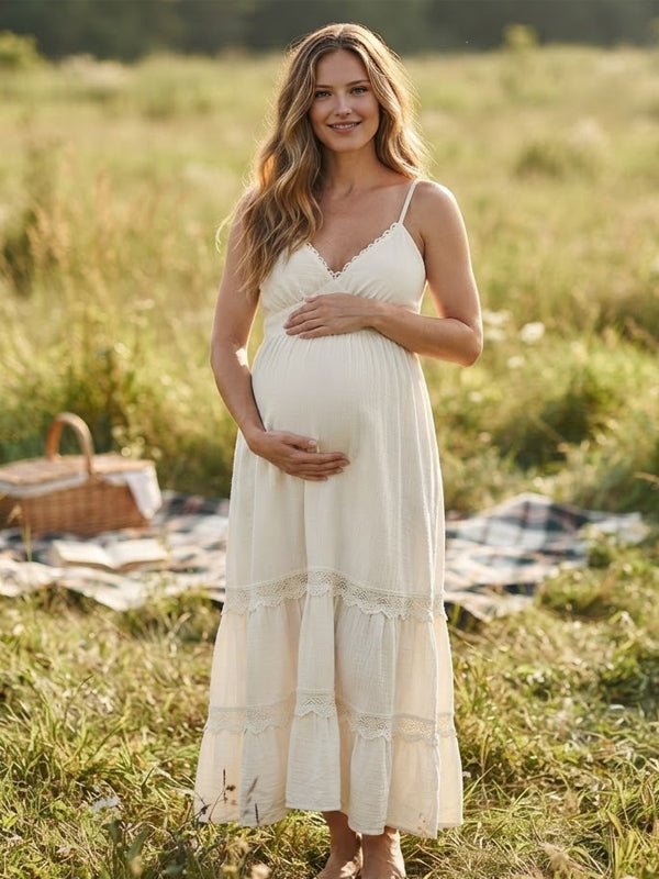 White Ruffle Maternity Midi Dress with Lace-Up Detail and Feminine Silhouette
