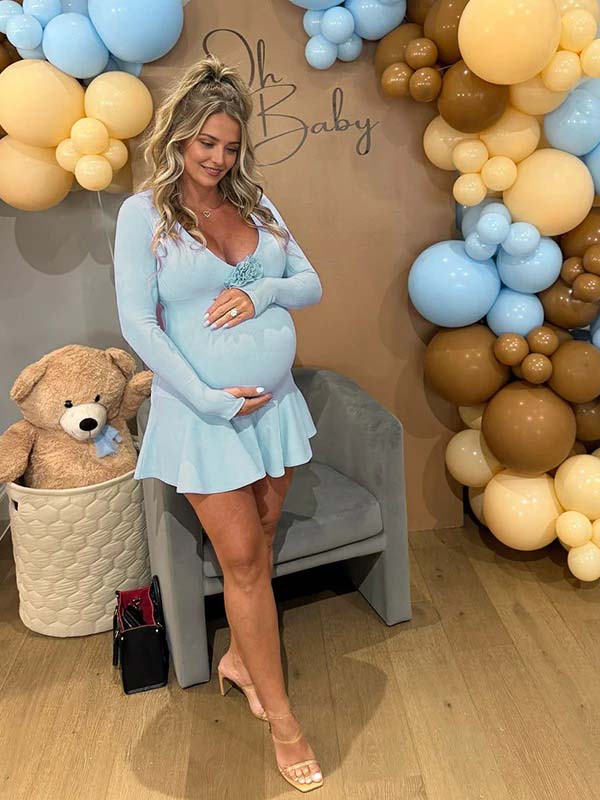 Momyknows Light Blue 3D Flower Baby Boy Shower Maternity Mini Dress Momyknows Light Blue 3D Flower Baby Boy Shower Maternity Mini Dress