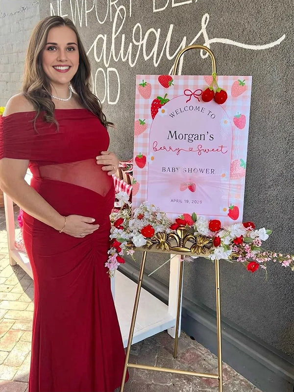 Momyknows Red Mesh Off Shoulder See-through Baby Shower Maternity Maxi Dress