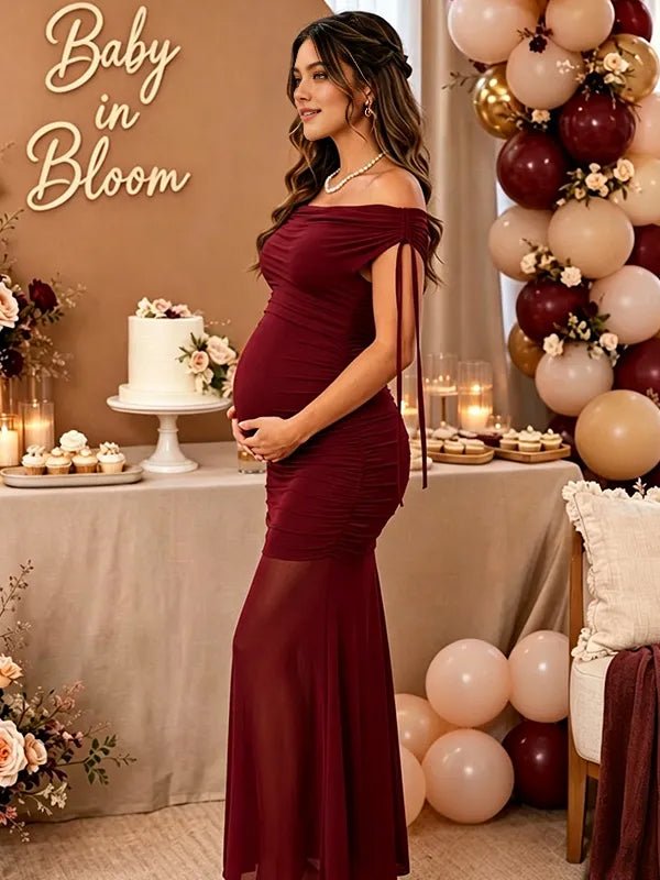 Momyknows Wine Red Off Shoulder Bodycon Ribbon Open Back Ruched Tulle Baby Shower Maxi Dress - Wine Red - 2