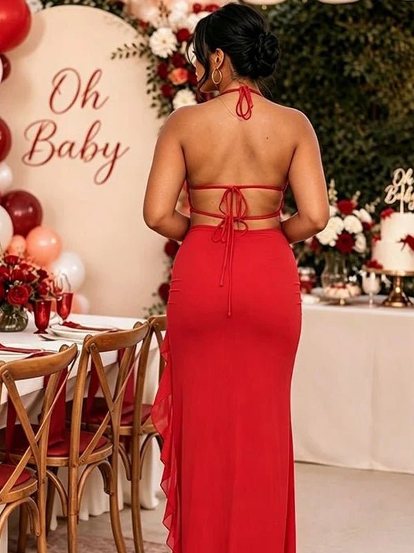 Momyknows Red Open Back Lace-Up High Waist Irregular Side Slit Maternity Baby Shower Maxi Dress - Red - 3