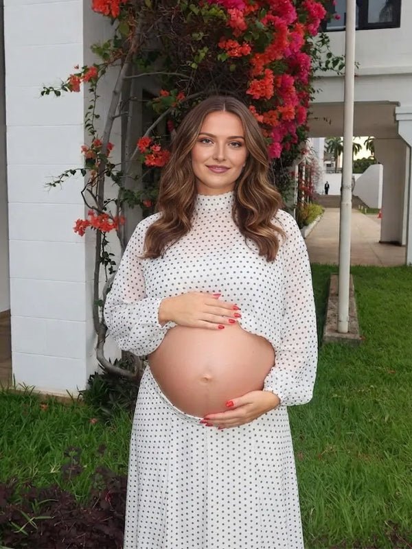 Momyknows White Polka Dots Lace Up Crop Top Two Piece Maternity Photoshoot Maxi Dress - White - 2