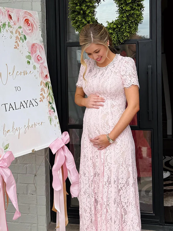 Momyknows Pink Lace Beading Diamonds Pearls A-line Maternity Maxi Dress