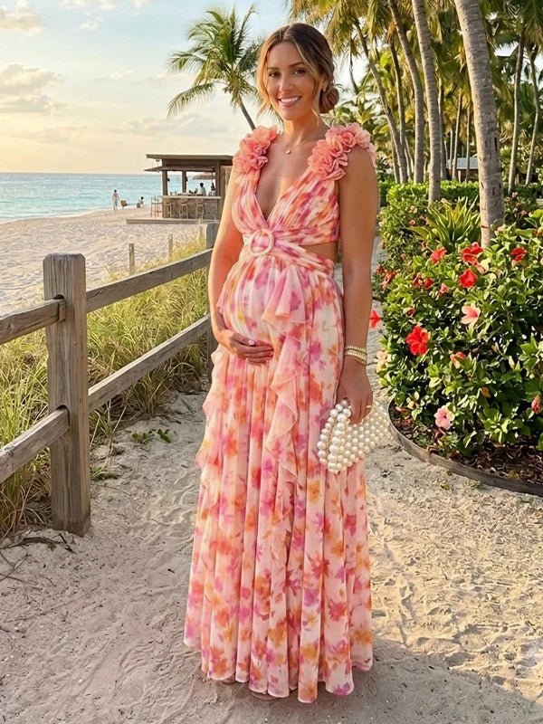 Momyknows Orange 3D Flower Ruched Ruffle Floral Mesh Lace-up Backless Vacation Photoshot Maternity Maxi Dress