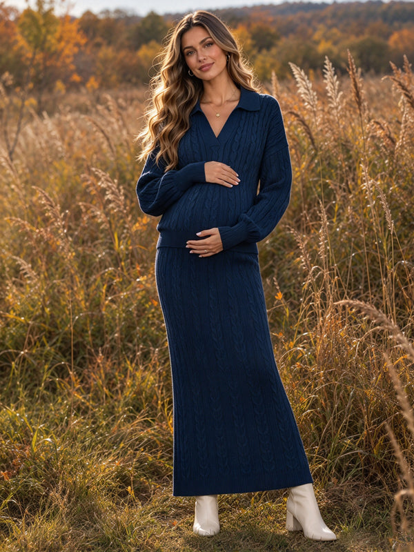 Navy Blue Crochet Knit Maternity Maxi Dress with Fold-Over Collar and Flowing Silhouette, Photoshoot Occasion