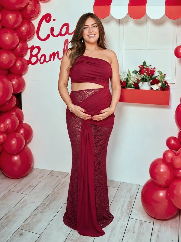 Momyknows Red One Shoulder Lace Ruched Drape Sash Bodycon Baby shower Maternity Maxi Dress, Red / M
