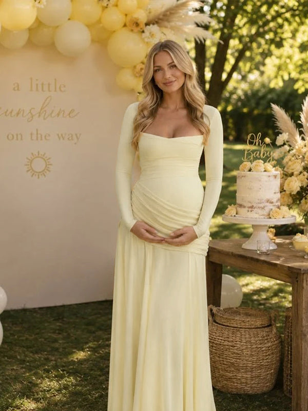 Momyknows Yellow Ruched Big Swing Bodycon Maternity Baby Shower Maxi Dress