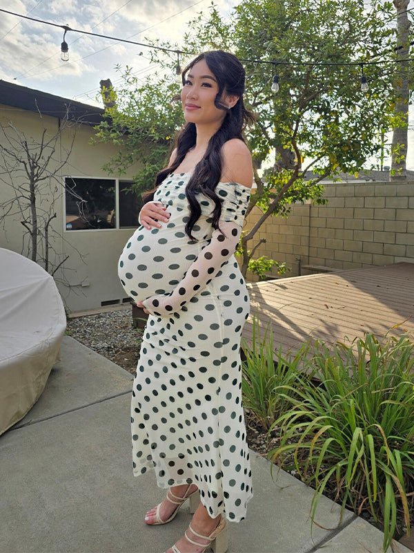 Momyknows White Off Shoulder Olive Green Polka Dot Bodycon Boho Photoshoot Baby Shower Maternity Maxi Dress