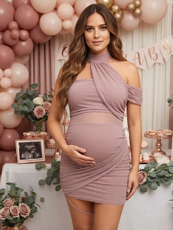 Momyknows Pink Ruched Splicing Backless Maternity Baby Shower Mini Dress - Pink - 2