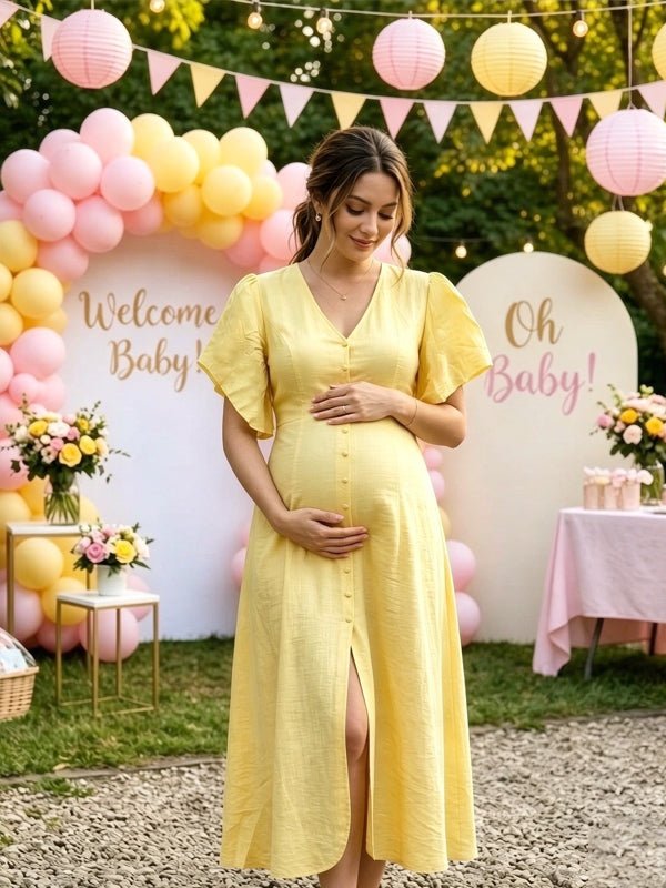 Momyknows Single Breasted Side Slit Solid Color Maternity Baby Shower Midi Dress - Yellow - 2