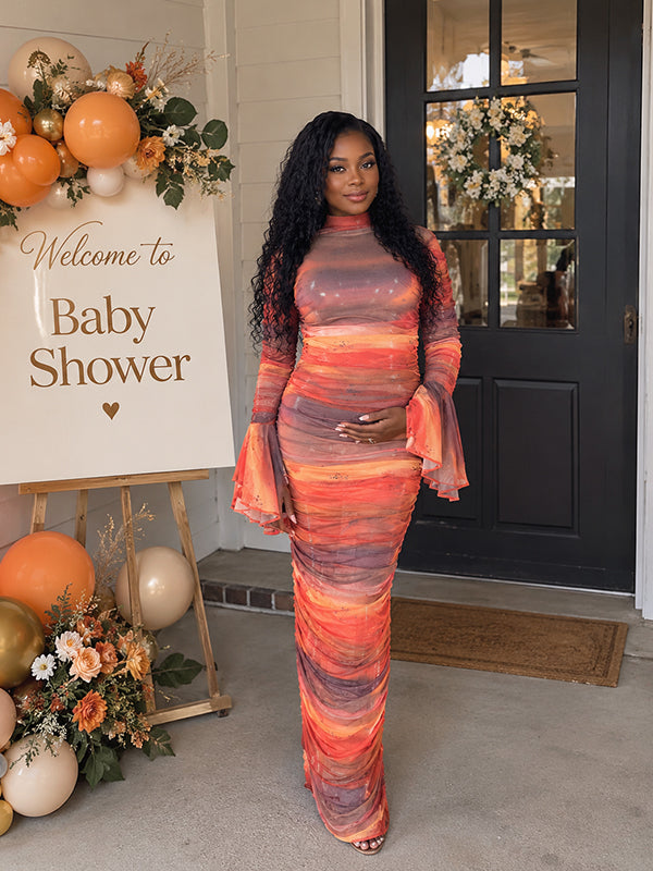 Orange Print Maternity Maxi Dress with Flare Sleeves and Flowing Fit, Baby Shower Occasion
