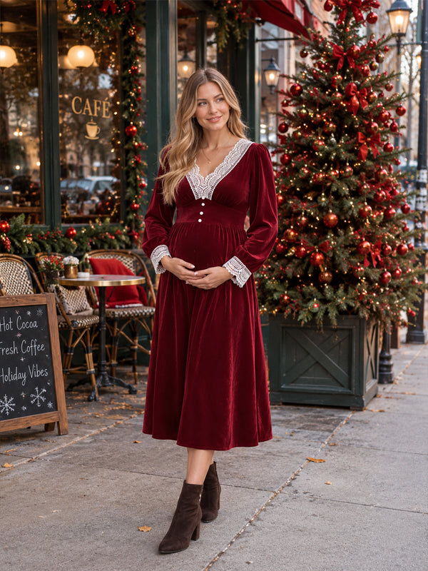 Wine Red Lace Spliced Maternity Midi Dress with Button Details and Elegant Fit, Christmas Photoshoot
