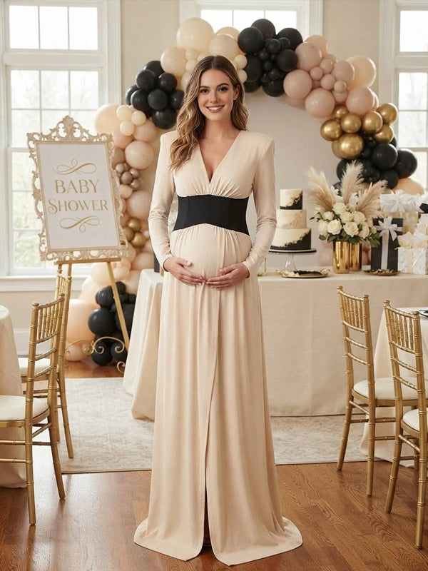 Apricot Color-Block Maternity Dress with V-Neck and Side Slit and Flattering Fit, Baby Shower