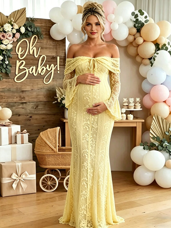 Momyknows Yellow Off Shoulder Lace Flare Sleeve Lace Up Maternity Baby Shower Maxi Dress