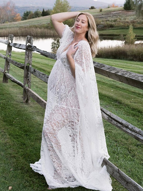Momyknows Floral Lace Backless Boho Baby Shower Flare Sleeve Pregnant Maternity Photoshoot Maxi Dress, White / M