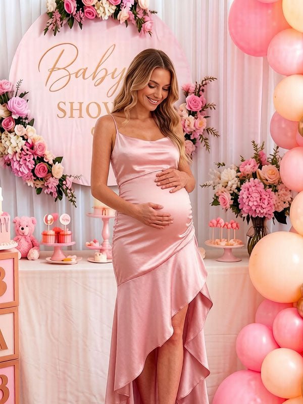 Momyknows Spaghetti Straps Backless Falbala Lace-Up Baby Shower Maternity Maxi Dress - Pink - 5