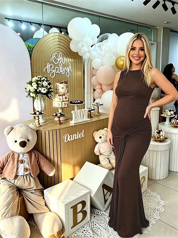 Momyknows Brown Halter Backless Slim Fit Solid Color Slit Elegant Baby shower Maternity Dress - Brown - 2