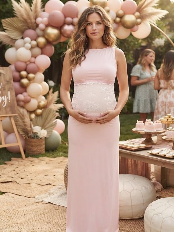 Momyknows Cream Lace Waist Backless Bodycon Baby Shower Maternity Maxi Dress - Pink - 1