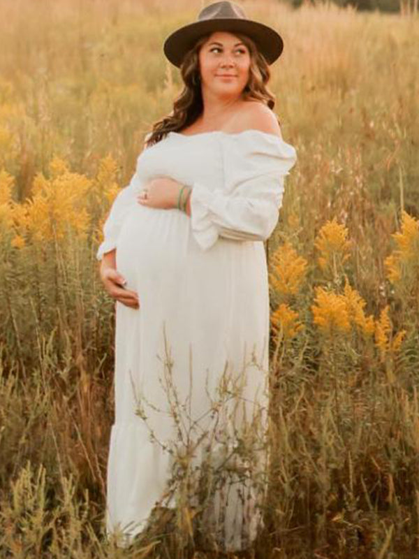 Momyknows White Ruffle Ruched High Waist Puff Sleeve Cute Photoshoot Maternity Maxi Dress
