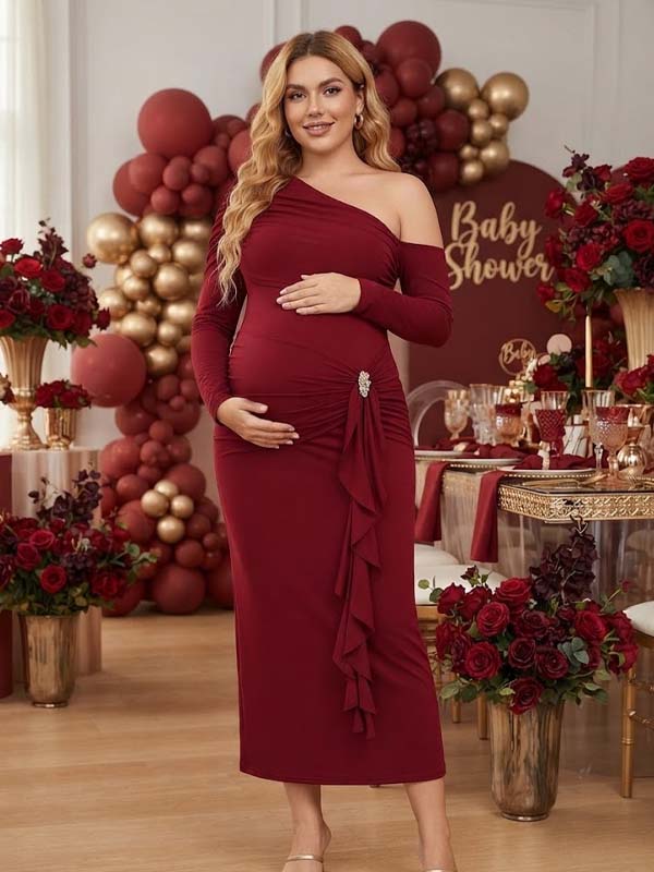 Momyknows Wine Red Metal Trim Ruffle Irregular Maternity Baby Shower Maxi Dress