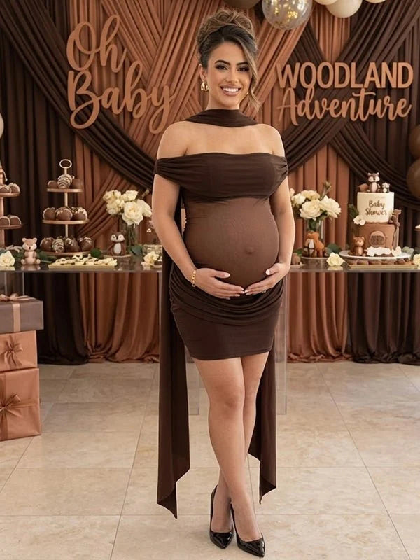 Momyknows Off Shoulder Ruched Sheer Ribbon Splicing Maternity Baby Shower Mini Dress