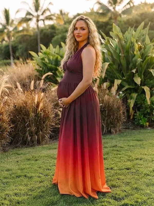 Momyknows Flower Color Halter Neck Lace-up Ruffle Backless Smocked Maternity Photoshoot Maxi Dress - Flower Color - 2