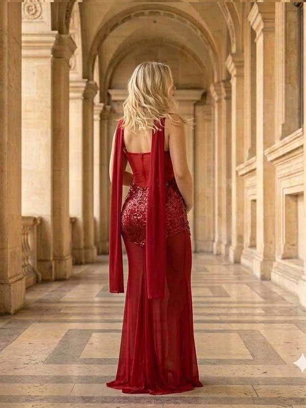 Momyknows Red Ruffle Lace-up Sheer Sequin Grenadine Backless Spaghetti Straps Deep V Neck Maternity Photoshoot Maxi Dress - Red - 2
