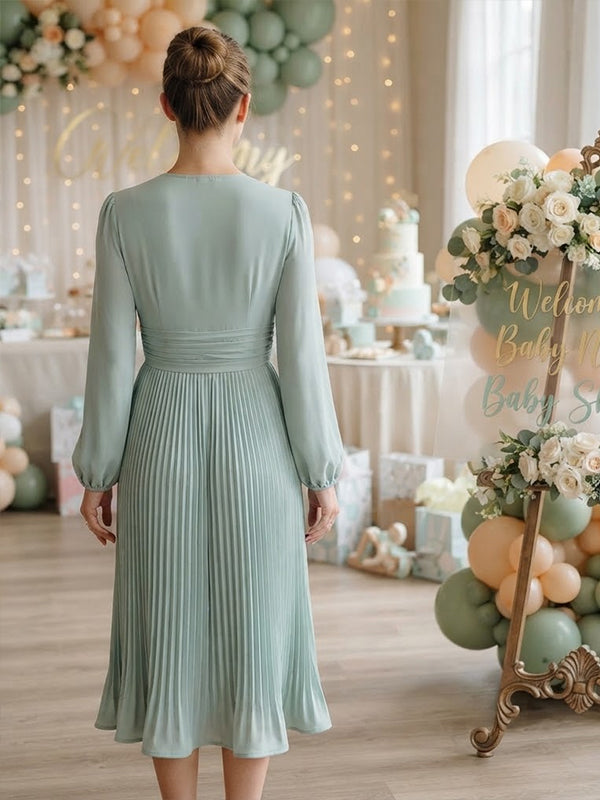 Blue Ruched Maternity Midi Dress with Deep V Neckline and Flattering Silhouette