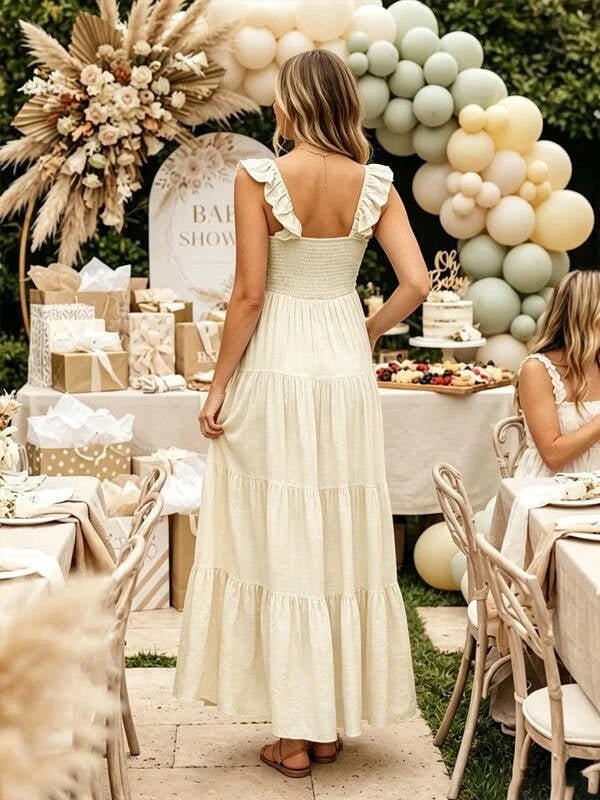 Momyknows V-neck Solid Color Falbala Ruffle Backless A-Line Maternity Baby Shower Maxi Dress - Apricot - 4