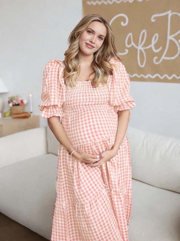 Momyknows Cute Pink Plaid Shirring A-Line Ruffle Puff Sleeve Backless Baby Shower Maternity Maxi Dress