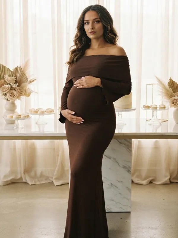 Momyknows Off Shoulder Side Slit Backless Flare Sleeve Ruched Maternity Baby Shower Maxi Dress - Coffee - 6