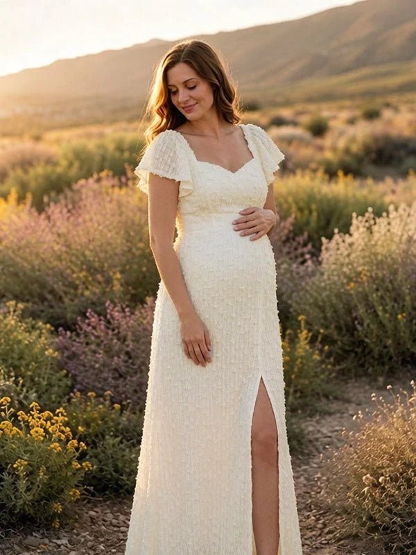 Momyknows Beige 3D Flowers Side Slit Backless Lace-Up A-Line Photoshoot Maternity Maxi Dress - Beige - 2