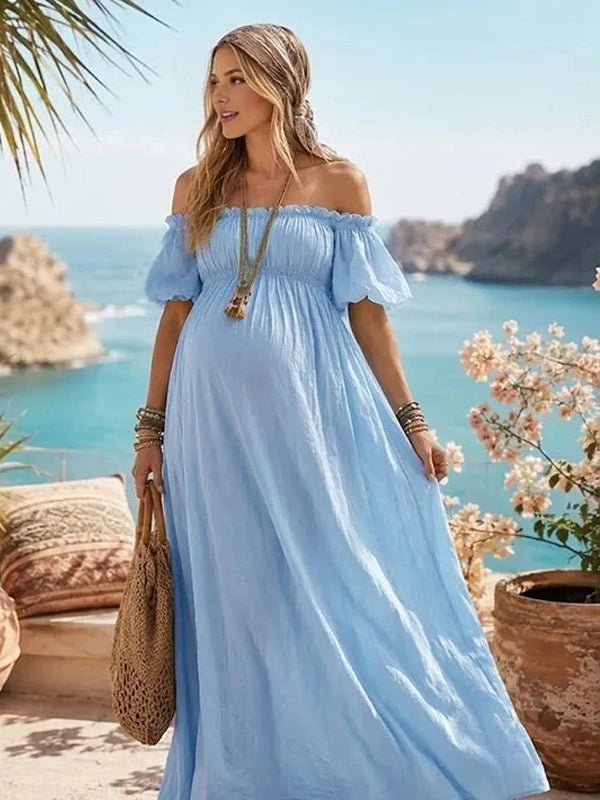 Momyknows Blue Elegant Off Shoulder Falbala Puff Sleeve Maternity Maxi Dress - Blue - 2