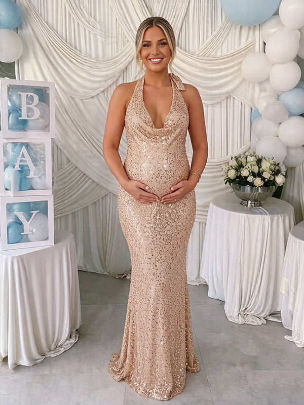 Momyknows Champagne Sequin Halter Neck Backless Bodycon Party Maternity Baby Shower Maxi Dress