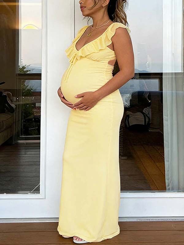 Momyknows Yellow Deep V Bodycon Peplum Maternity Photoshoot Maxi Dress