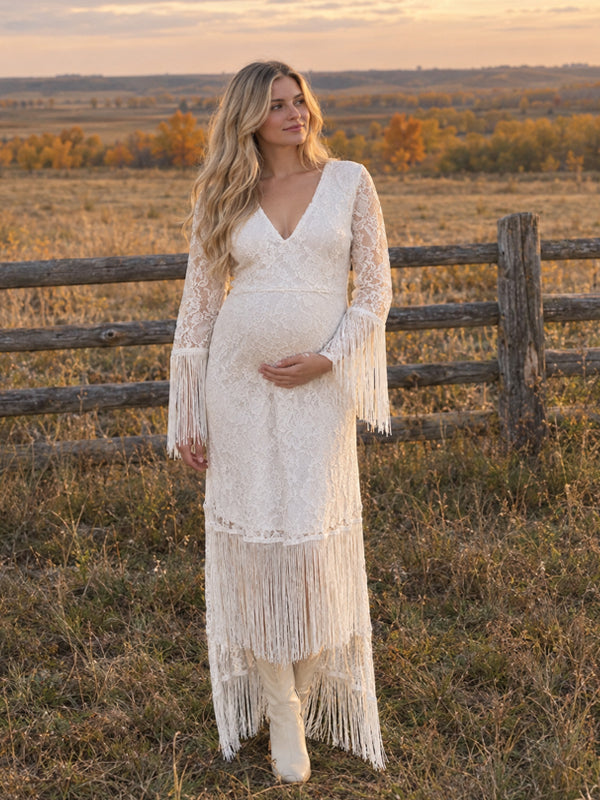 White Deep V Tassel Lace Photoshoot Maternity Maxi Dress