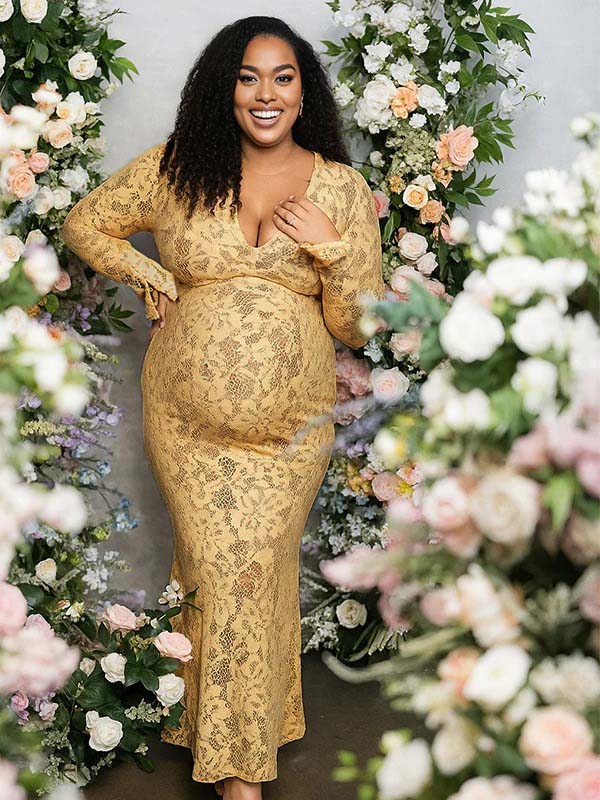 Momyknows Yellow Lace V-neck Flare Sleeve Elegant Maternity Maxi Dress