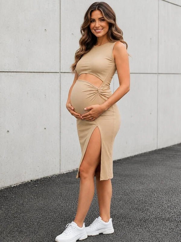 Momyknows Khaki Cropped Side Slit Low Waisted Bodycon Photoshoot Mini Dress - Khaki - 1